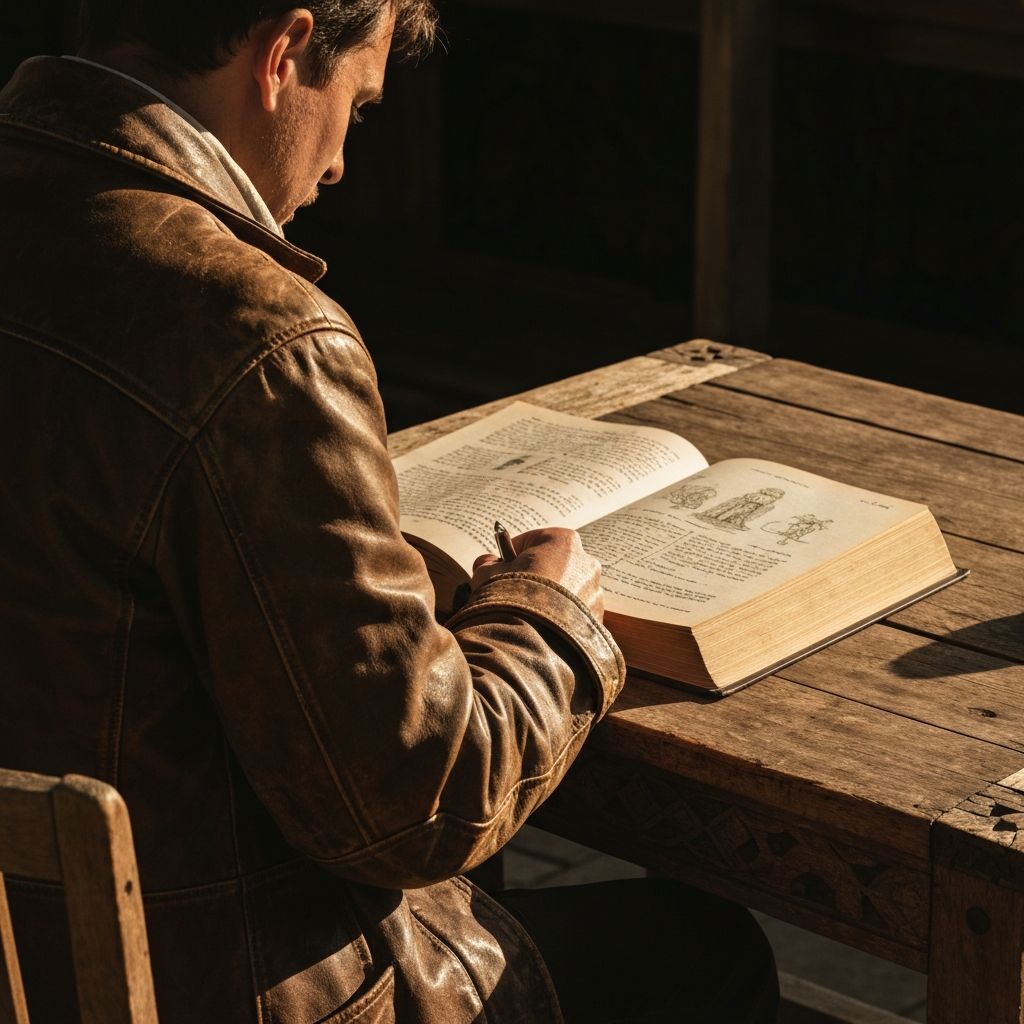 Man reading book in natural afternoon light on rustic wooden table, embodying contemplative learning