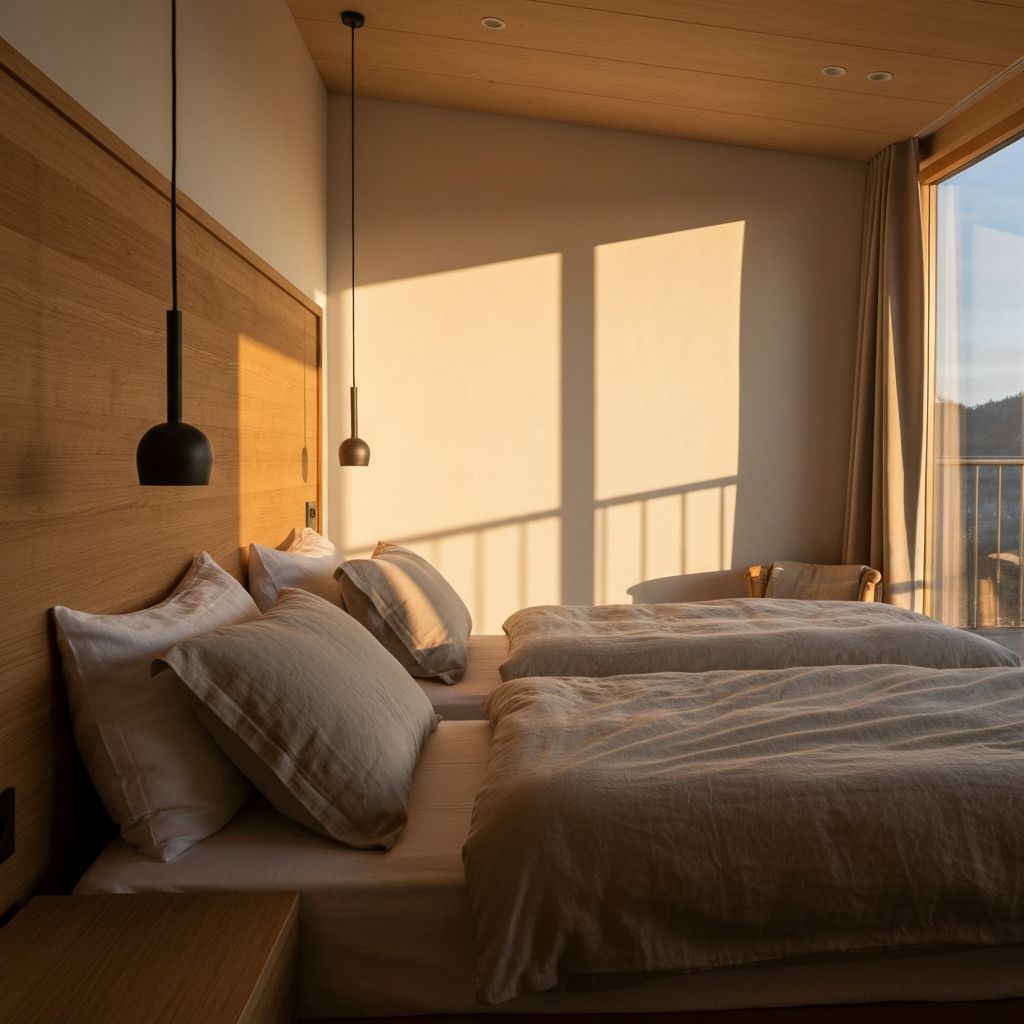 Peaceful bedroom with soft warm bedding and golden hour light, creating a calm restful atmosphere